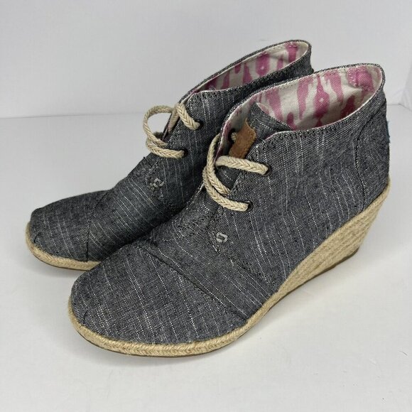 Tom's Shoes - Toms Desert Wedge Ankle Boots Womens Size 7.5 Chambray Gray Espadrille Lace-Up